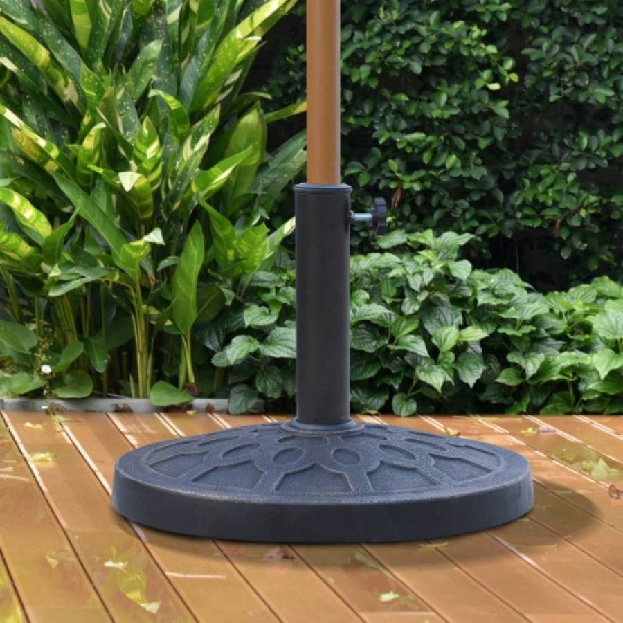 18 26 lbs Round Resin Base Stand Market Parasol Holder with Beautiful Decorative Pattern Easy Setup, 1.5 1.89 Pole, Lawn, Deck, Backyard, Garden, Bronze