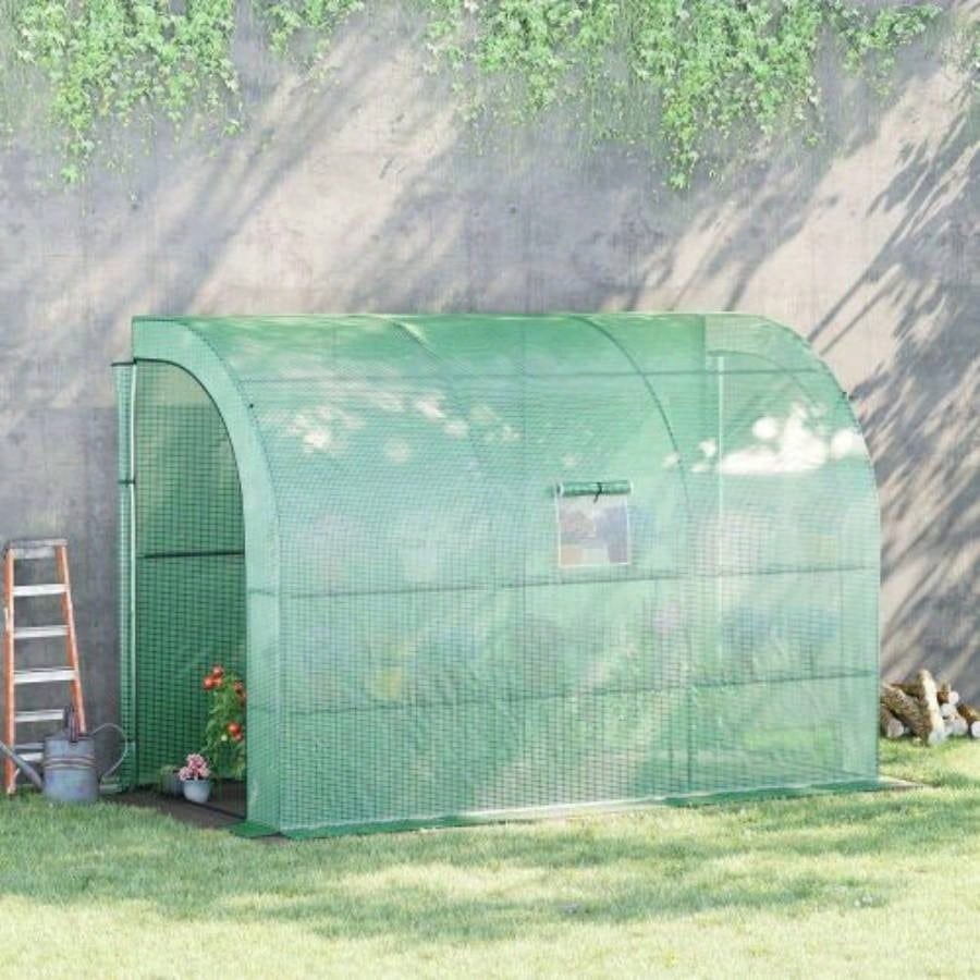 10x 5x Lean to Greenhouse, Walk - In Green House, Plant Nursery with 2 Roll - up Doors and, PE Cover and 3 Wire Shelves, Green