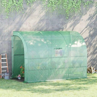 10x 5x Lean to Greenhouse, Walk - In Green House, Plant Nursery with 2 Roll - up Doors and, PE Cover and 3 Wire Shelves, Green