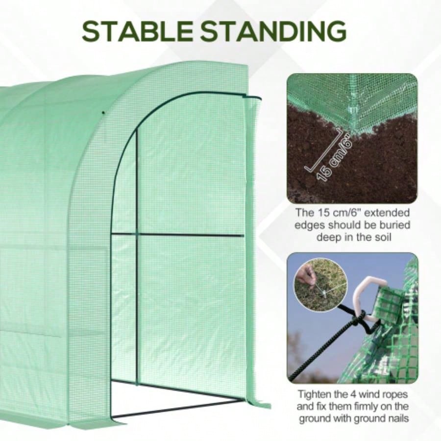 10x 5x Lean to Greenhouse, Walk - In Green House, Plant Nursery with 2 Roll - up Doors and, PE Cover and 3 Wire Shelves, Green