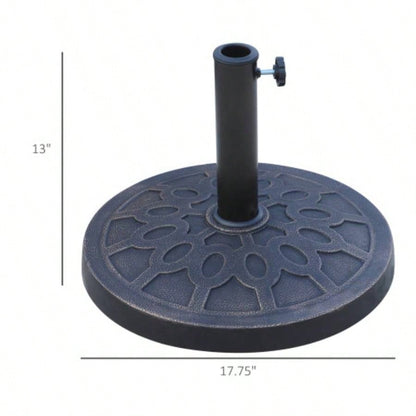 18 26 lbs Round Resin Base Stand Market Parasol Holder with Beautiful Decorative Pattern Easy Setup, 1.5 1.89 Pole, Lawn, Deck, Backyard, Garden, Bronze