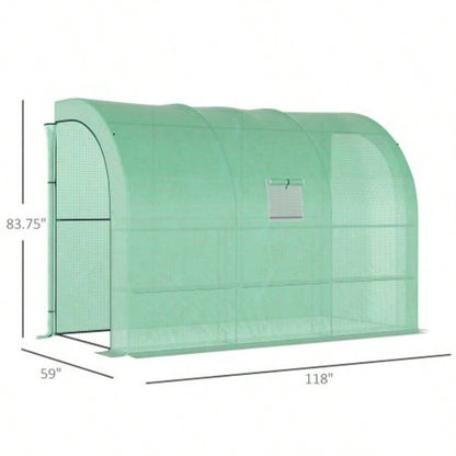 10x 5x Lean to Greenhouse, Walk - In Green House, Plant Nursery with 2 Roll - up Doors and, PE Cover and 3 Wire Shelves, Green