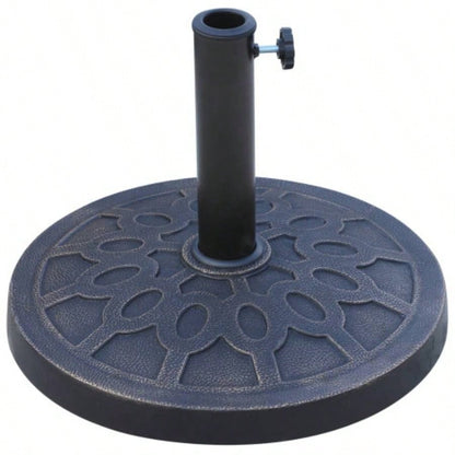 18 26 lbs Round Resin Base Stand Market Parasol Holder with Beautiful Decorative Pattern Easy Setup, 1.5 1.89 Pole, Lawn, Deck, Backyard, Garden, Bronze