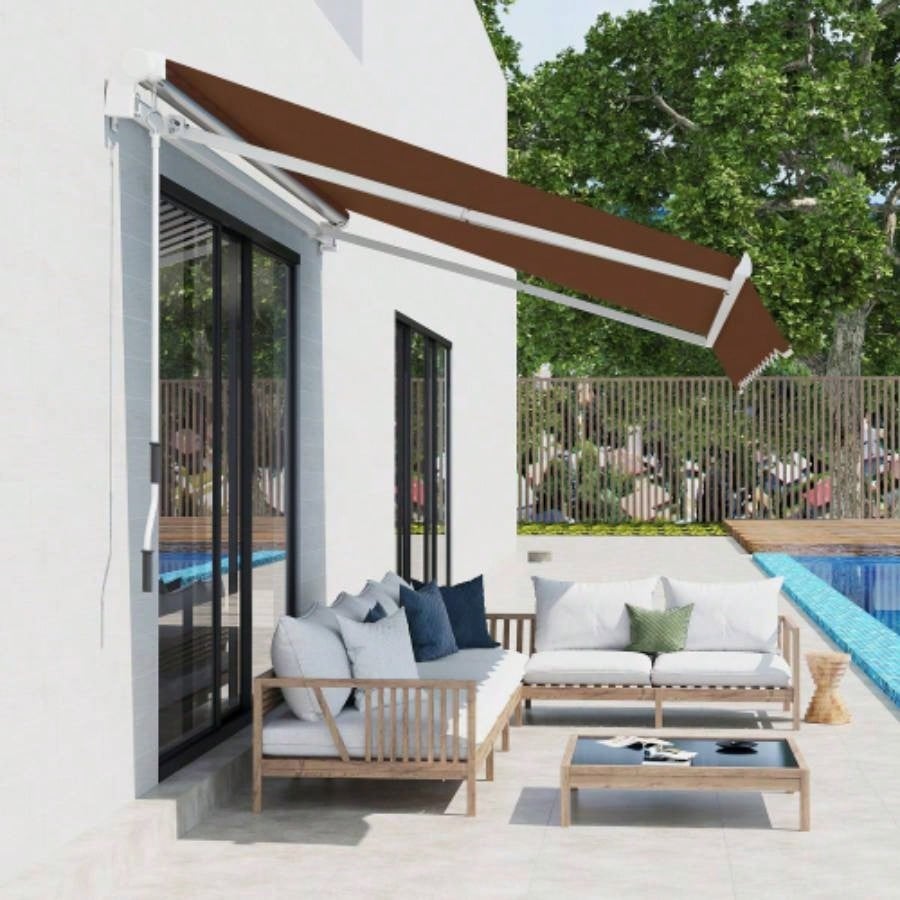 Outsunny 13x 8 Retractable Awning, Patio Awnings, Sunshade Shelter/ Manual Crank Handle, - Resistant Fabric and Aluminum Frame Deck, Balcony, Yard, Coffee Brown