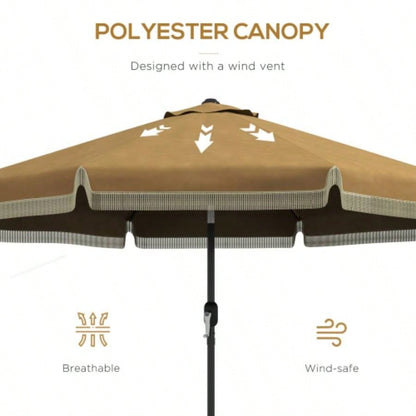 Outsunny 9ft Patio with Push Button Tilt and Crank, Ruffled Outdoor Market Table with Tassles and 8 Ribs, Garden, Deck, Pool, Tan