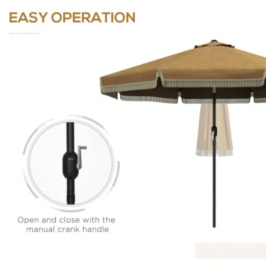 Outsunny 9ft Patio with Push Button Tilt and Crank, Ruffled Outdoor Market Table with Tassles and 8 Ribs, Garden, Deck, Pool, Tan