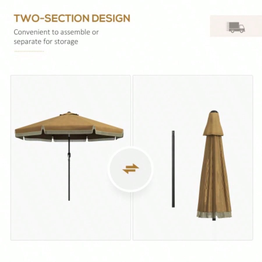 Outsunny 9ft Patio with Push Button Tilt and Crank, Ruffled Outdoor Market Table with Tassles and 8 Ribs, Garden, Deck, Pool, Tan
