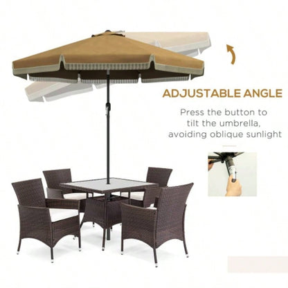 Outsunny 9ft Patio with Push Button Tilt and Crank, Ruffled Outdoor Market Table with Tassles and 8 Ribs, Garden, Deck, Pool, Tan