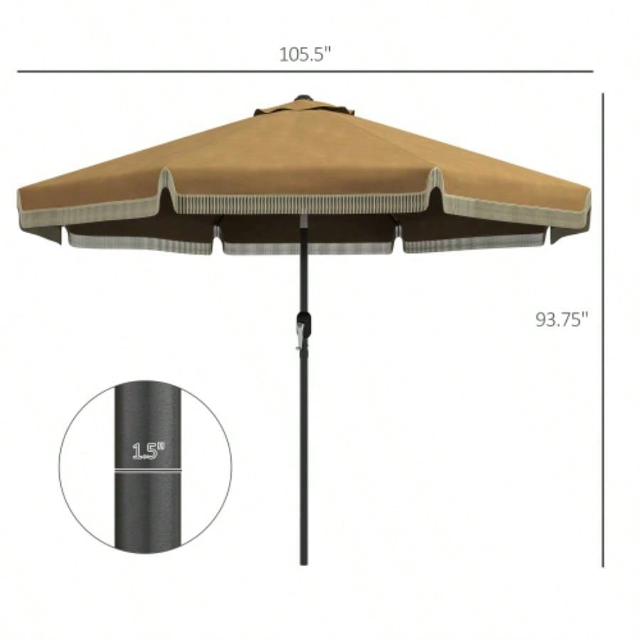 Outsunny 9ft Patio with Push Button Tilt and Crank, Ruffled Outdoor Market Table with Tassles and 8 Ribs, Garden, Deck, Pool, Tan