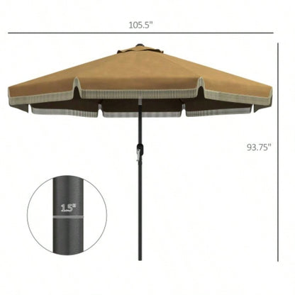 Outsunny 9ft Patio with Push Button Tilt and Crank, Ruffled Outdoor Market Table with Tassles and 8 Ribs, Garden, Deck, Pool, Tan