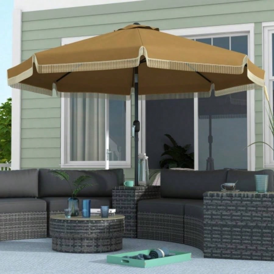 Outsunny 9ft Patio with Push Button Tilt and Crank, Ruffled Outdoor Market Table with Tassles and 8 Ribs, Garden, Deck, Pool, Tan
