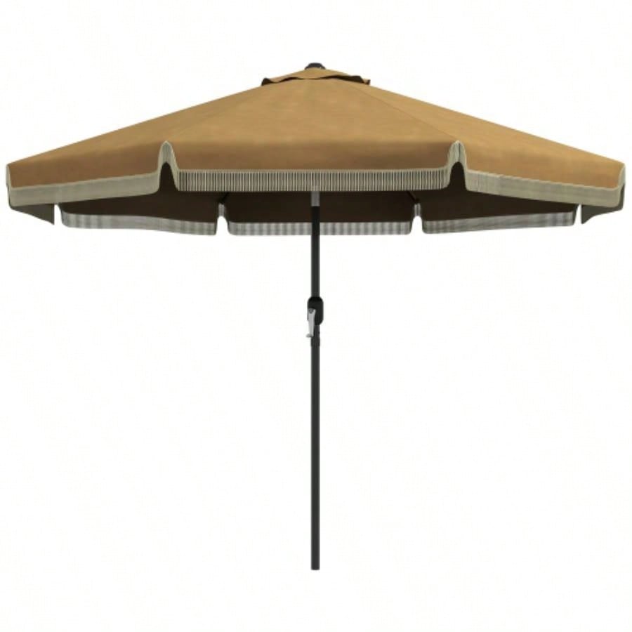 Outsunny 9ft Patio with Push Button Tilt and Crank, Ruffled Outdoor Market Table with Tassles and 8 Ribs, Garden, Deck, Pool, Tan