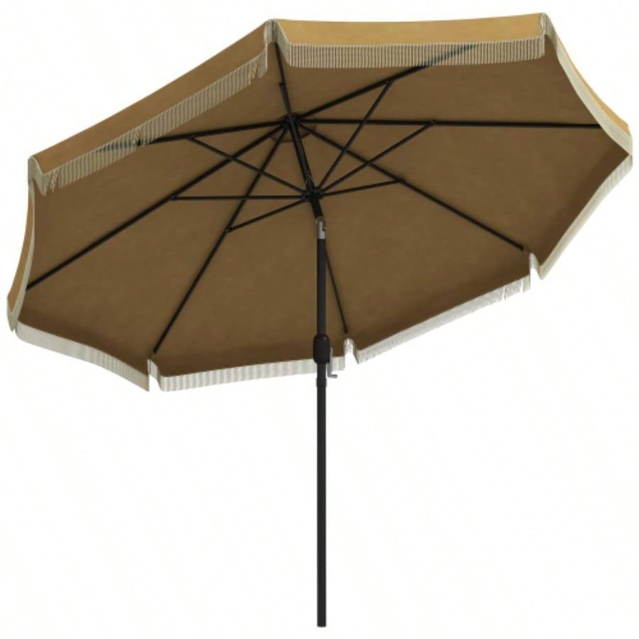 Outsunny 9ft Patio with Push Button Tilt and Crank, Ruffled Outdoor Market Table with Tassles and 8 Ribs, Garden, Deck, Pool, Tan