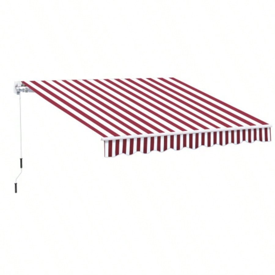 Outsunny 10x 8 Retractable Awning, Patio Awnings, Sunshade Shelter/ Manual Crank Handle, - Resistant Fabric and Aluminum Frame Deck, Balcony, Yard, Wine Red Stripes