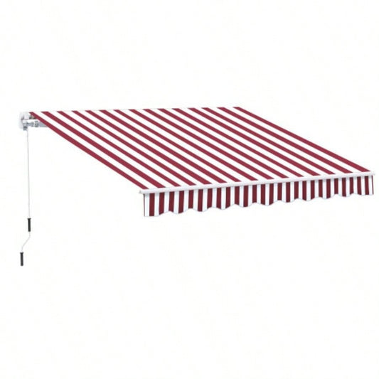 Outsunny 10x 8 Retractable Awning, Patio Awnings, Sunshade Shelter/ Manual Crank Handle, - Resistant Fabric and Aluminum Frame Deck, Balcony, Yard, Wine Red Stripes