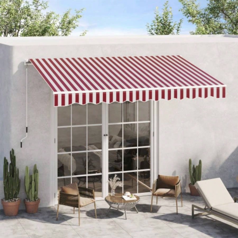 Outsunny 10x 8 Retractable Awning, Patio Awnings, Sunshade Shelter/ Manual Crank Handle, - Resistant Fabric and Aluminum Frame Deck, Balcony, Yard, Wine Red Stripes