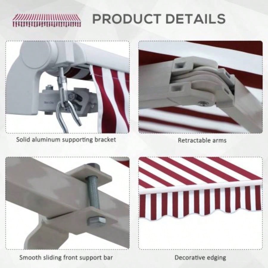 Outsunny 10x 8 Retractable Awning, Patio Awnings, Sunshade Shelter/ Manual Crank Handle, - Resistant Fabric and Aluminum Frame Deck, Balcony, Yard, Wine Red Stripes