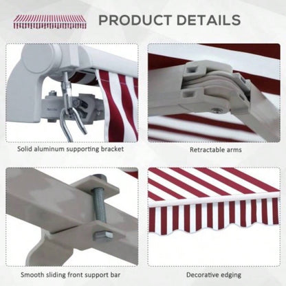 Outsunny 10x 8 Retractable Awning, Patio Awnings, Sunshade Shelter/ Manual Crank Handle, - Resistant Fabric and Aluminum Frame Deck, Balcony, Yard, Wine Red Stripes