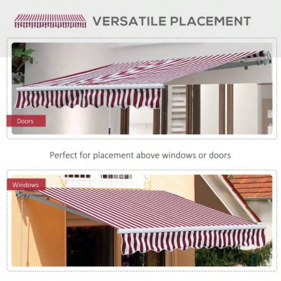 Outsunny 10x 8 Retractable Awning, Patio Awnings, Sunshade Shelter/ Manual Crank Handle, - Resistant Fabric and Aluminum Frame Deck, Balcony, Yard, Wine Red Stripes
