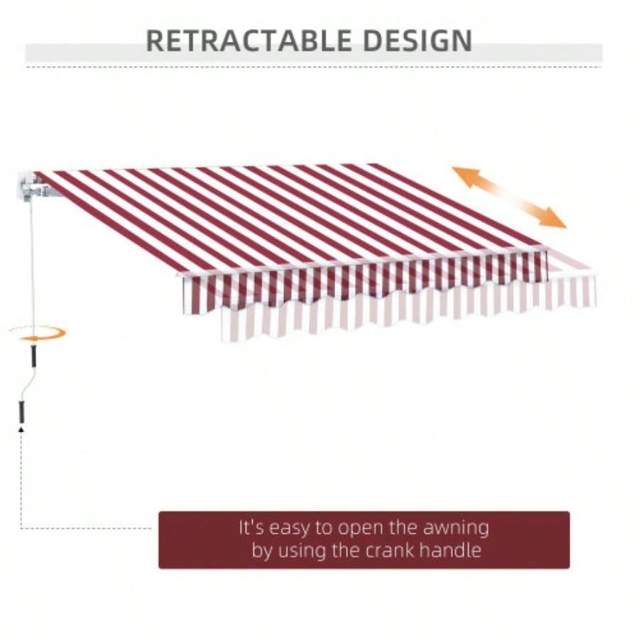 Outsunny 10x 8 Retractable Awning, Patio Awnings, Sunshade Shelter/ Manual Crank Handle, - Resistant Fabric and Aluminum Frame Deck, Balcony, Yard, Wine Red Stripes