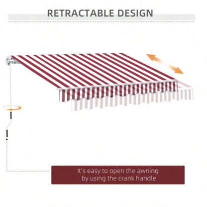 Outsunny 10x 8 Retractable Awning, Patio Awnings, Sunshade Shelter/ Manual Crank Handle, - Resistant Fabric and Aluminum Frame Deck, Balcony, Yard, Wine Red Stripes