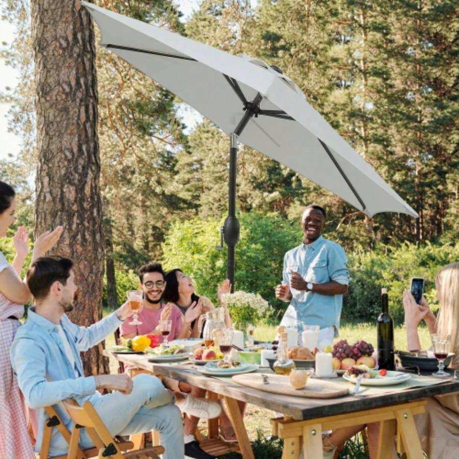 . 5ft *. 5ft Patio with Crank and Push Button Tilt, Outdoor Table Market with Aluminum Pole -