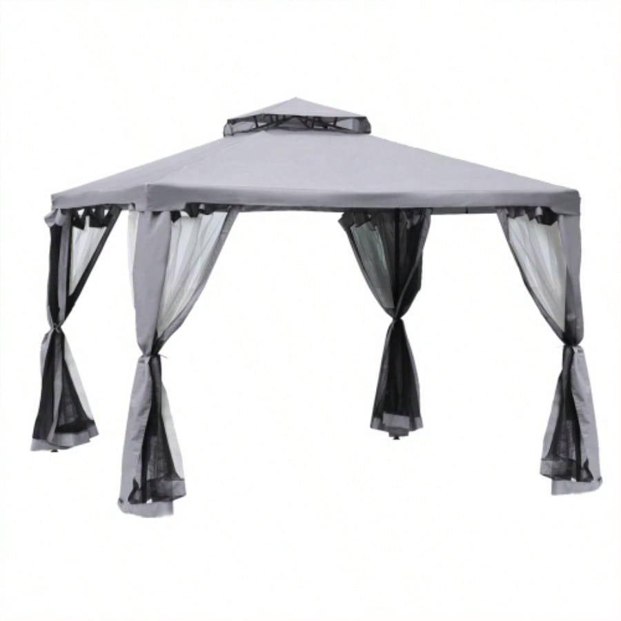 Outsunny 9.6x 9.6 Patio Gazebo, Outdoor Canopy Shelter with 2 - Tier Roof and Netting, Steel Frame Garden, Lawn, Backyard, and Deck, Gray