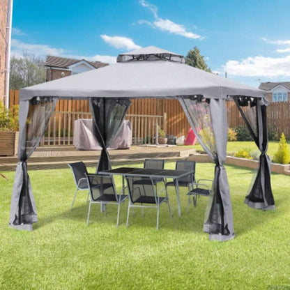 Outsunny 9.6x 9.6 Patio Gazebo, Outdoor Canopy Shelter with 2 - Tier Roof and Netting, Steel Frame Garden, Lawn, Backyard, and Deck, Gray