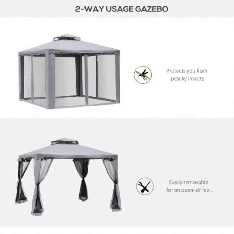 Outsunny 9.6x 9.6 Patio Gazebo, Outdoor Canopy Shelter with 2 - Tier Roof and Netting, Steel Frame Garden, Lawn, Backyard, and Deck, Gray