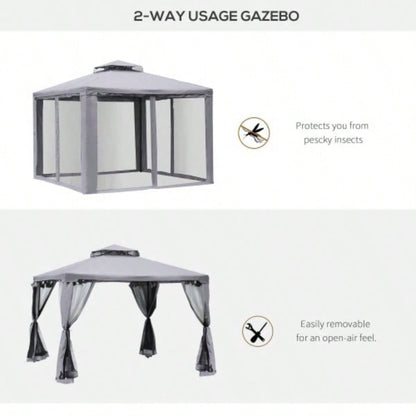 Outsunny 9.6x 9.6 Patio Gazebo, Outdoor Canopy Shelter with 2 - Tier Roof and Netting, Steel Frame Garden, Lawn, Backyard, and Deck, Gray