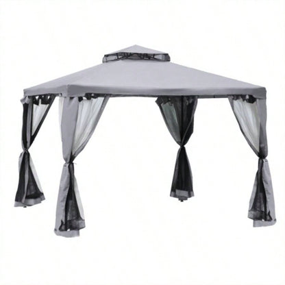 Outsunny 9.6x 9.6 Patio Gazebo, Outdoor Canopy Shelter with 2 - Tier Roof and Netting, Steel Frame Garden, Lawn, Backyard, and Deck, Gray
