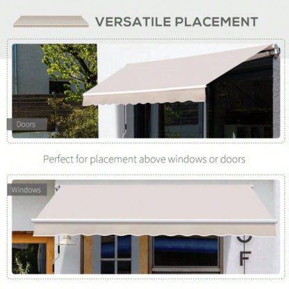 Outsunny 8x Patio Retractable Awning, Manual Exterior Shade Deck Window Cover, Beige