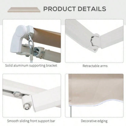 Outsunny 8x Patio Retractable Awning, Manual Exterior Shade Deck Window Cover, Beige