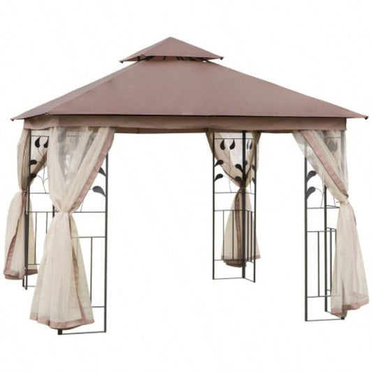 Outsunny 10x 10 Metal Patio Gazebo, Double Roof Outdoor Gazebo Canopy Shelter with Tree Motifs Corner Frame and Netting, Garden, Lawn, Backyard, and Deck, Brown