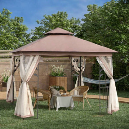 Outsunny 10x 10 Metal Patio Gazebo, Double Roof Outdoor Gazebo Canopy Shelter with Tree Motifs Corner Frame and Netting, Garden, Lawn, Backyard, and Deck, Brown