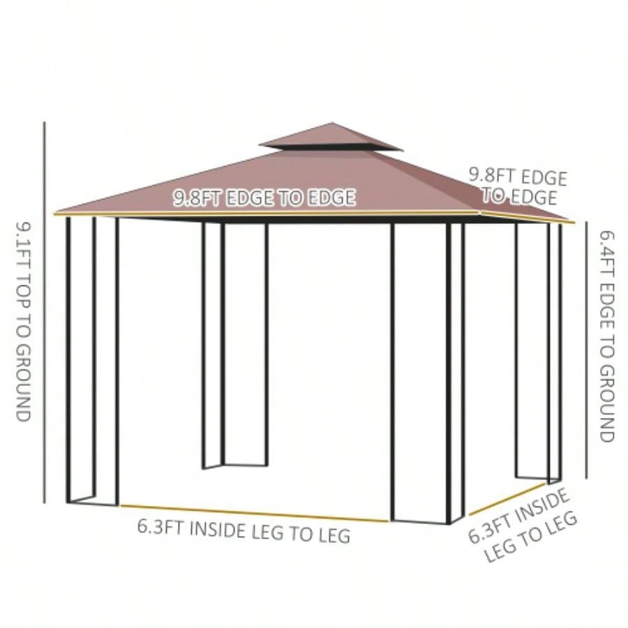 Outsunny 10x 10 Metal Patio Gazebo, Double Roof Outdoor Gazebo Canopy Shelter with Tree Motifs Corner Frame and Netting, Garden, Lawn, Backyard, and Deck, Brown