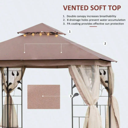 Outsunny 10x 10 Metal Patio Gazebo, Double Roof Outdoor Gazebo Canopy Shelter with Tree Motifs Corner Frame and Netting, Garden, Lawn, Backyard, and Deck, Brown