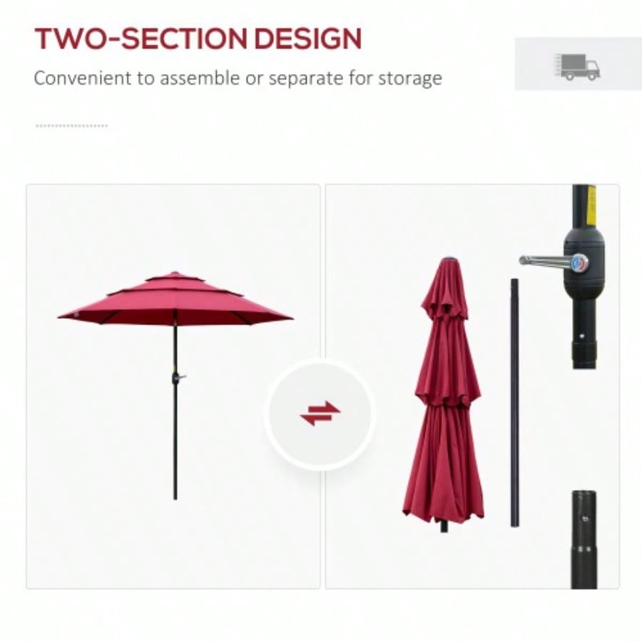 Outsunny 9FT 3 Tiers Patio Outdoor Market with Crank, Push Button Tilt Deck, Backyard and Lawn, Wine Red