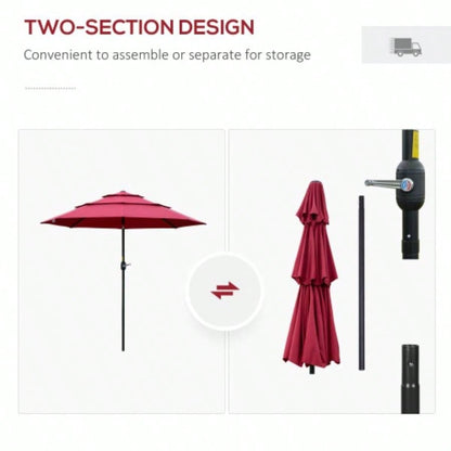 Outsunny 9FT 3 Tiers Patio Outdoor Market with Crank, Push Button Tilt Deck, Backyard and Lawn, Wine Red