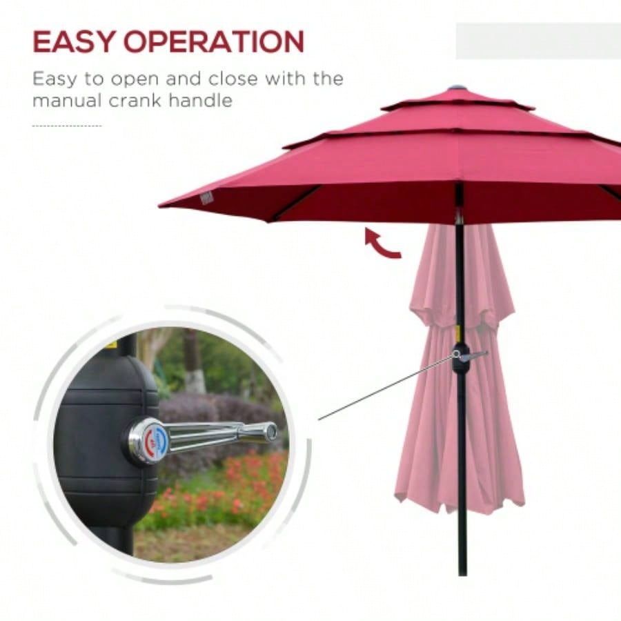 Outsunny 9FT 3 Tiers Patio Outdoor Market with Crank, Push Button Tilt Deck, Backyard and Lawn, Wine Red