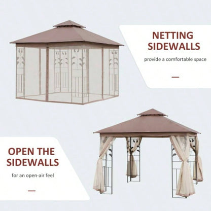 Outsunny 10x 10 Metal Patio Gazebo, Double Roof Outdoor Gazebo Canopy Shelter with Tree Motifs Corner Frame and Netting, Garden, Lawn, Backyard, and Deck, Brown