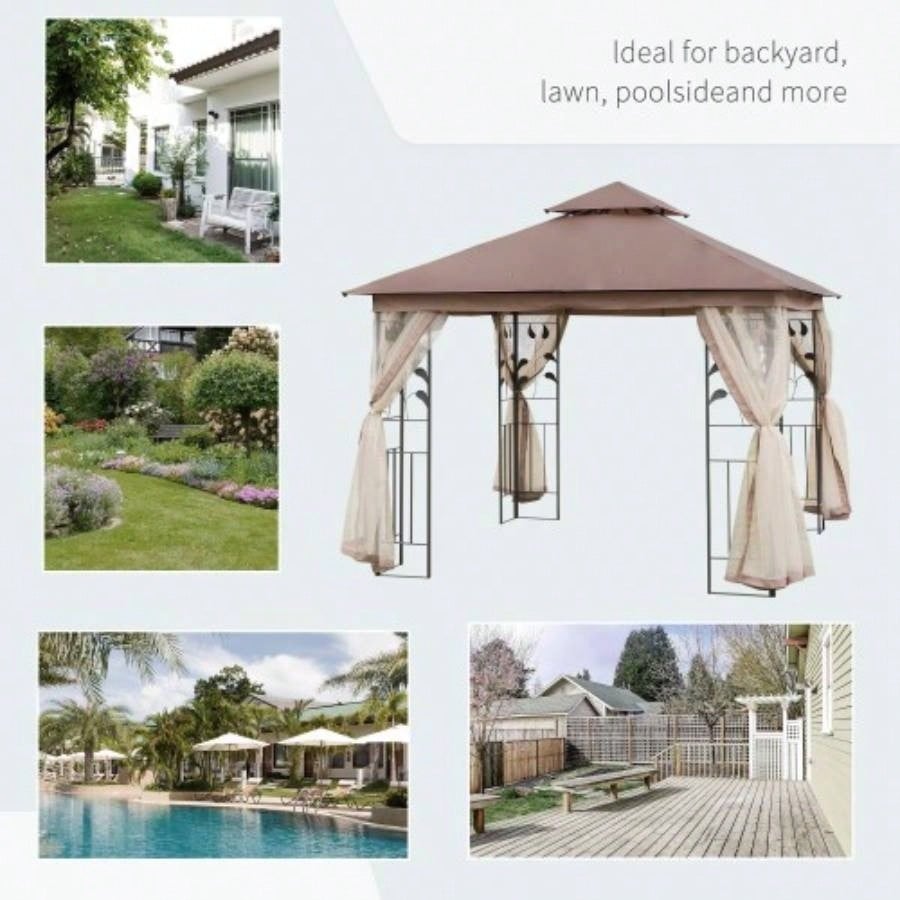 Outsunny 10x 10 Metal Patio Gazebo, Double Roof Outdoor Gazebo Canopy Shelter with Tree Motifs Corner Frame and Netting, Garden, Lawn, Backyard, and Deck, Brown