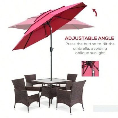 Outsunny 9FT 3 Tiers Patio Outdoor Market with Crank, Push Button Tilt Deck, Backyard and Lawn, Wine Red