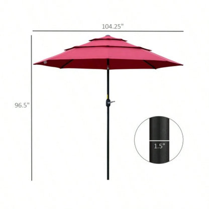 Outsunny 9FT 3 Tiers Patio Outdoor Market with Crank, Push Button Tilt Deck, Backyard and Lawn, Wine Red