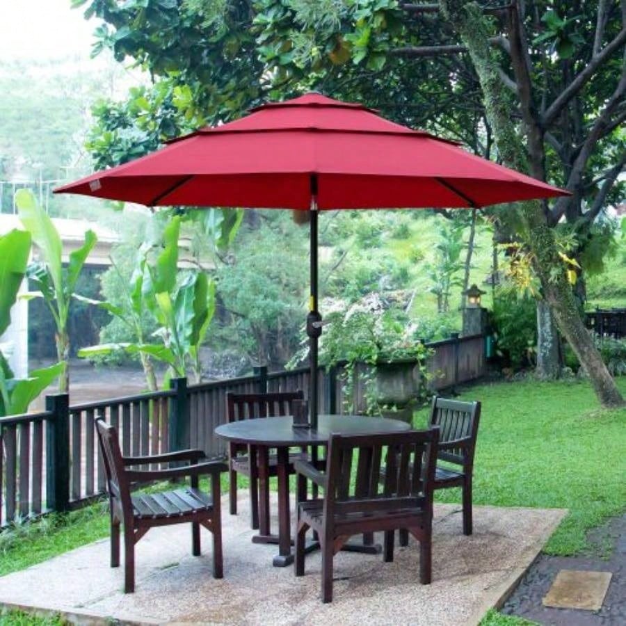 Outsunny 9FT 3 Tiers Patio Outdoor Market with Crank, Push Button Tilt Deck, Backyard and Lawn, Wine Red