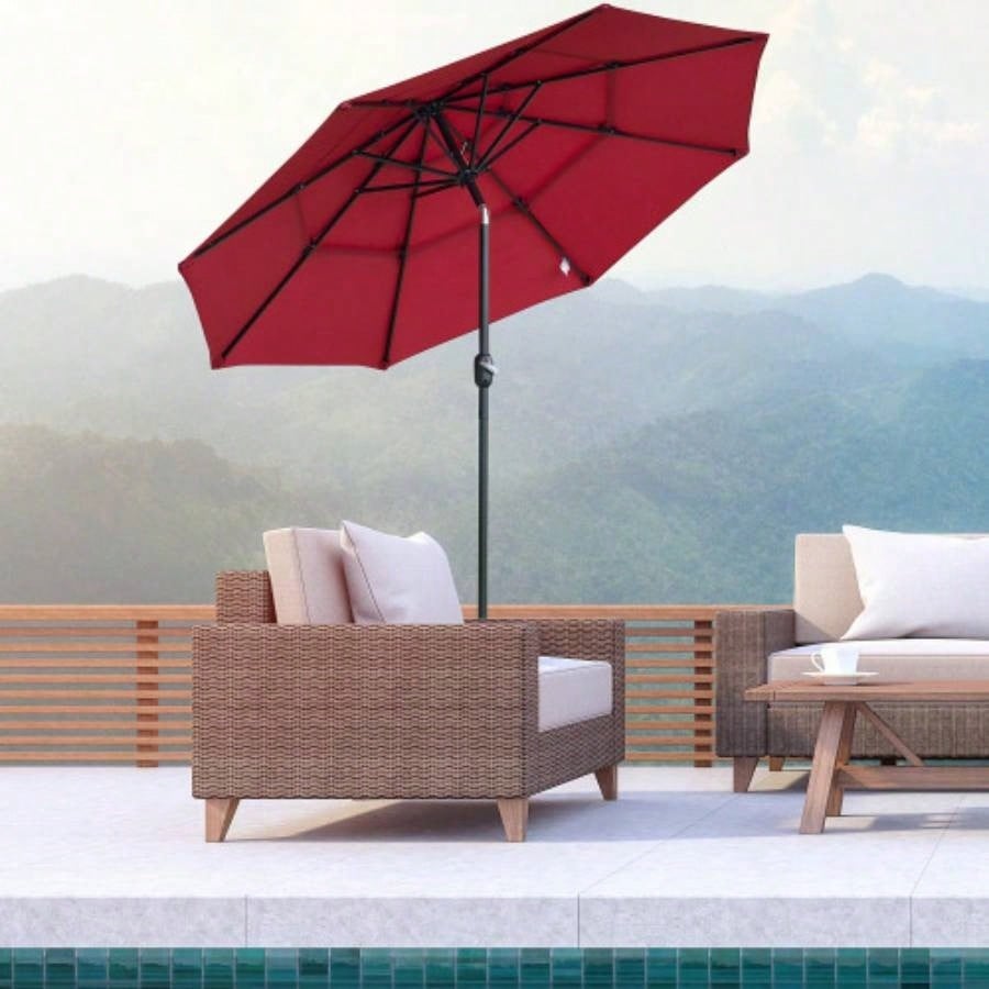 Outsunny 9FT 3 Tiers Patio Outdoor Market with Crank, Push Button Tilt Deck, Backyard and Lawn, Wine Red