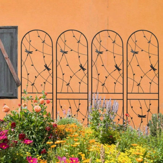4 Pack Metal Garden Trellis 86. 19. Rustproof Trellis Climbing Plants Outdoor Flower Support Dragonfly Deco Black