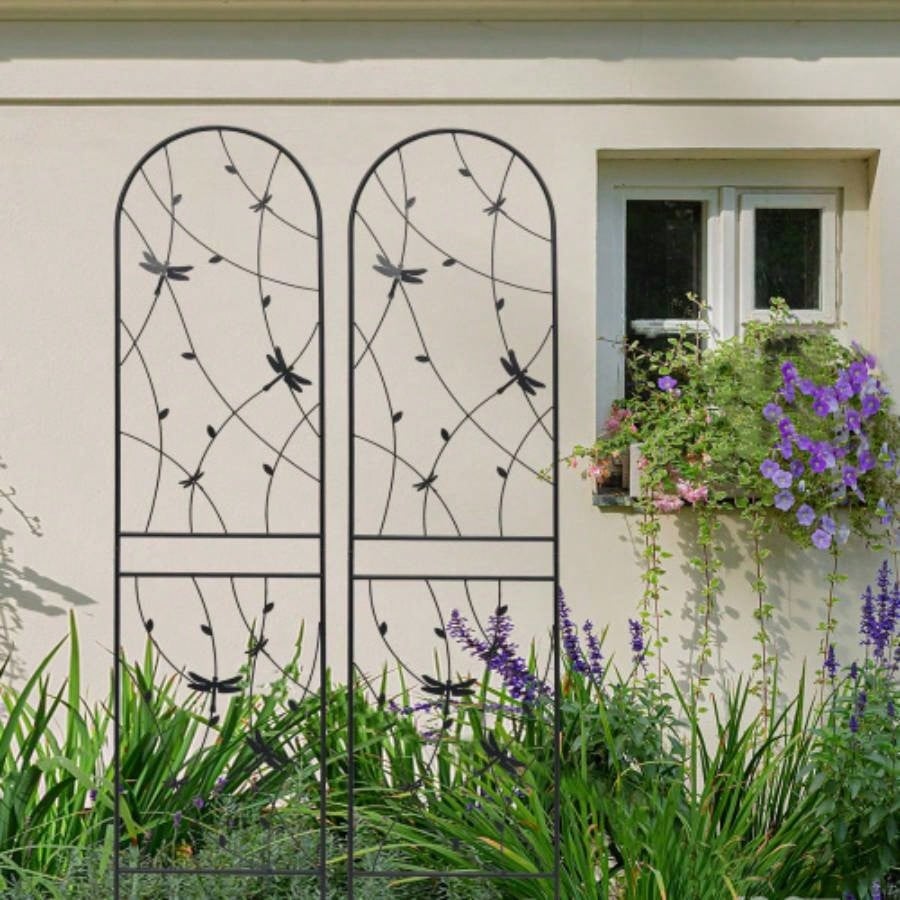 4 Pack Metal Garden Trellis 86. 19. Rustproof Trellis Climbing Plants Outdoor Flower Support Dragonfly Deco Black