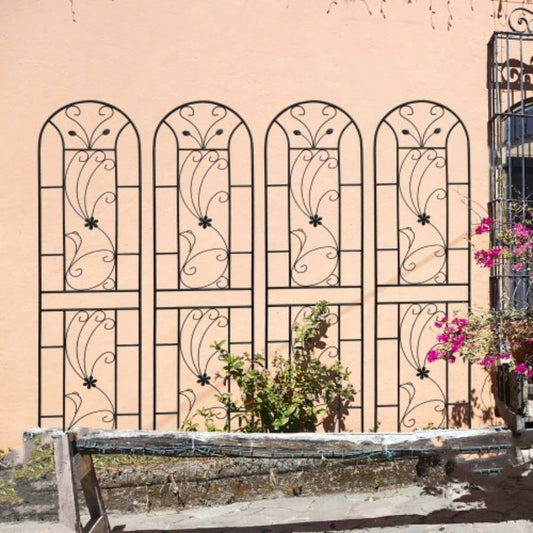 4 Pack Metal Garden Trellis 86. 19. Rustproof Trellis Climbing Plants Outdoor Flower Support Peacock Style Black