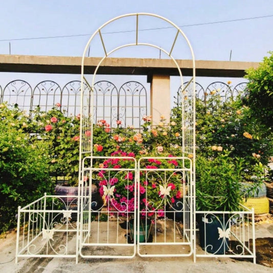 Metal Garden Arch with Gate 79.5 Widex 86.6 High Climbing Plants Support Arch Outdoor White